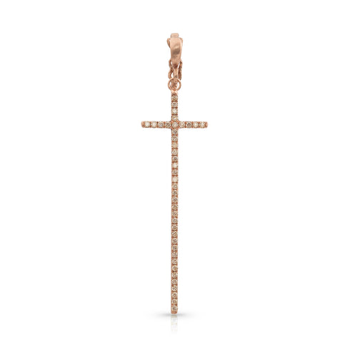 Dominique Cohen tall narrow diamond cross enhancer, hinged bail, in champagne diamonds and 18k rose gold <span class='visuallyhidden'>Call, text 323-404-2959 for shopping help.</span>